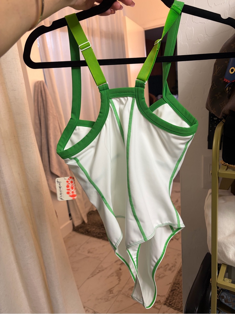 Kids White One-Piece Swimsuit with Green Trim - Picture 2 of 3